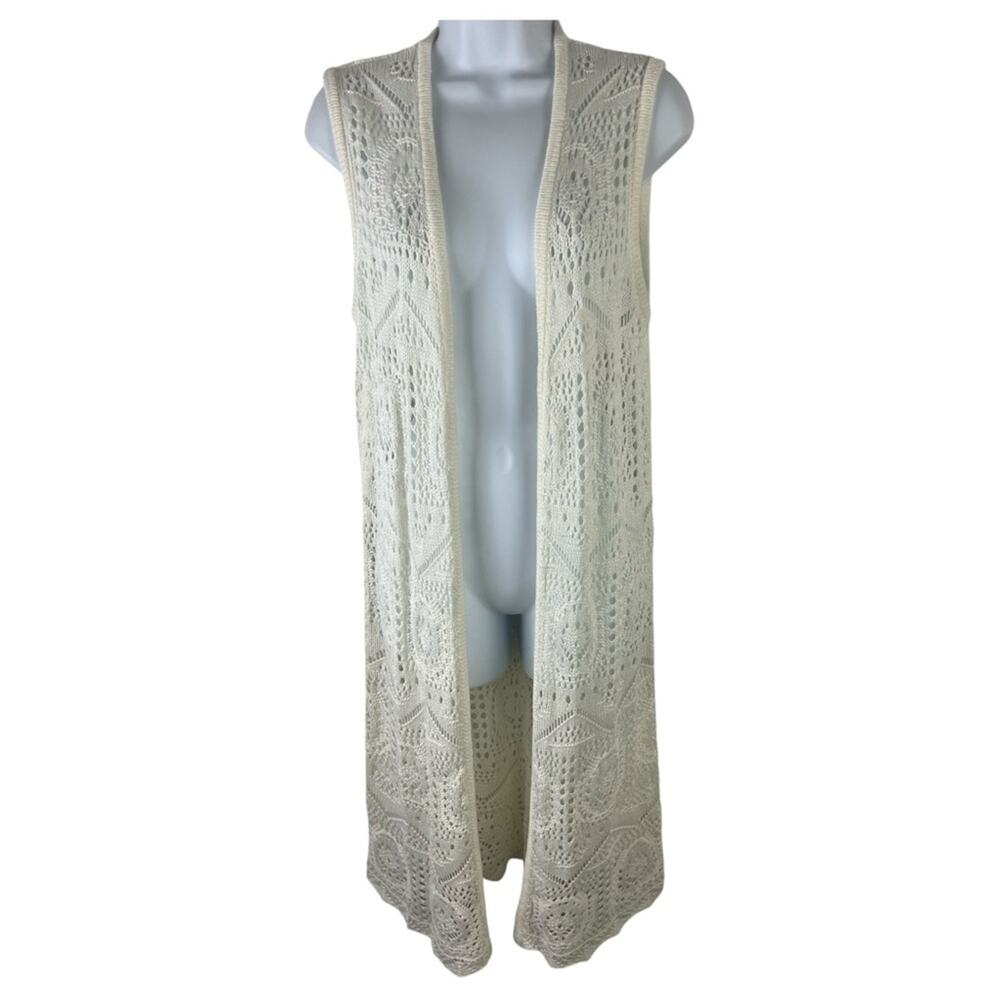 Chelsea & Theadore Cardigan Cream Crochet Open Sleeveless Duster Boho sz L